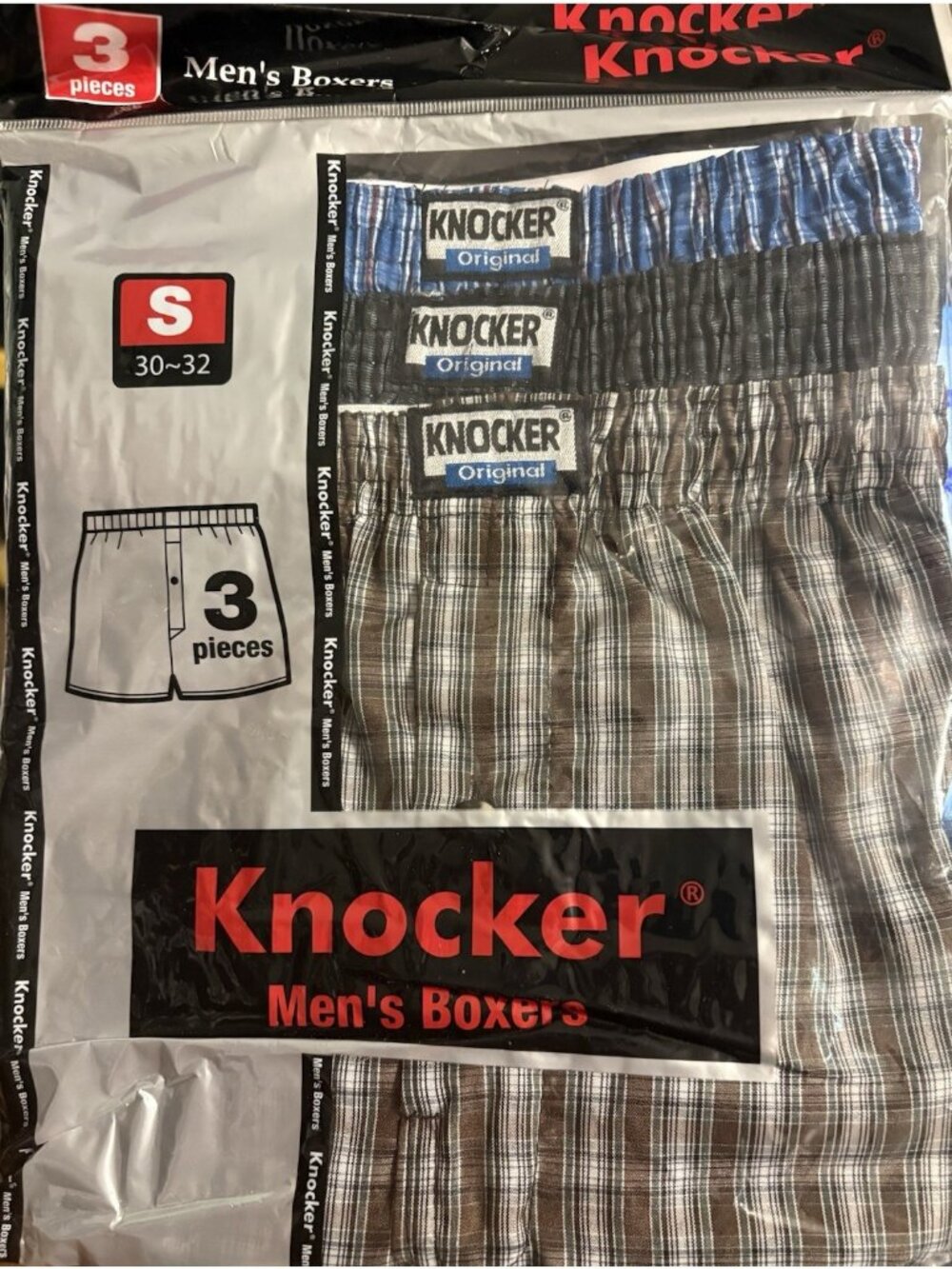 Mens Knocker Boxers Underwear Plaid (1) 3Pk Size S 30-32 3-PCS Polyester/Cotton